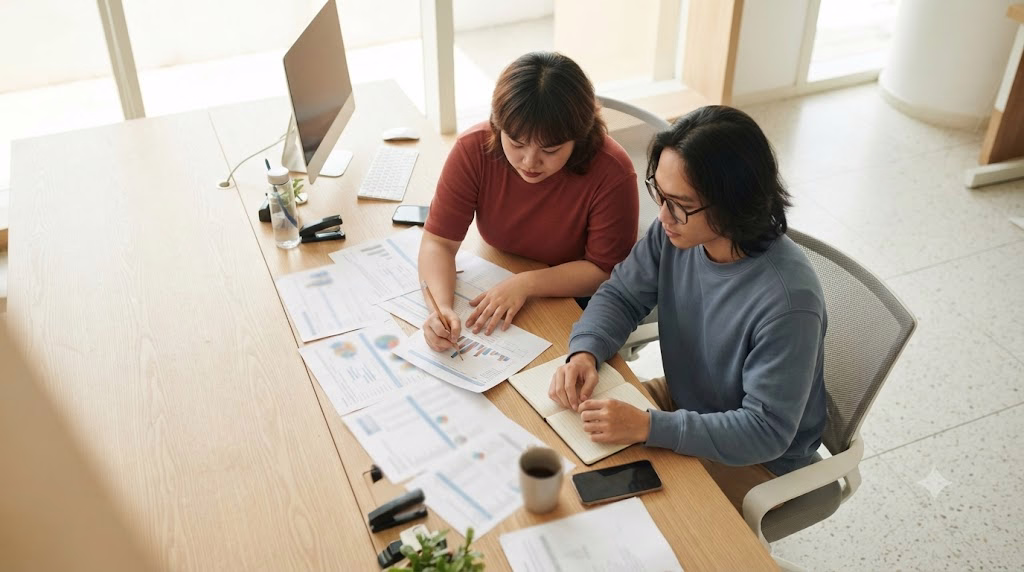 Analysts reviewing financial performance data